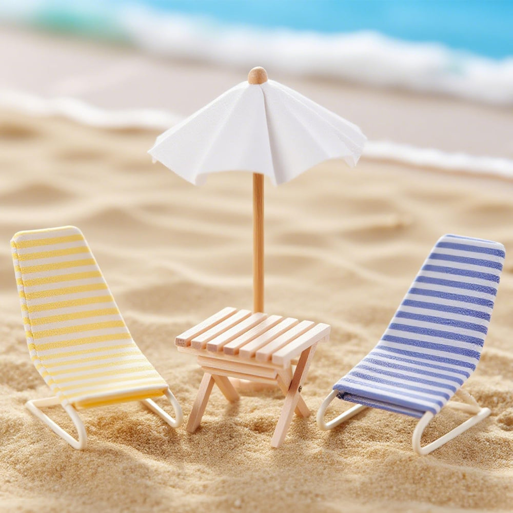 Minamzee metal beach recliner in blue and yellow for lifelike 1:12 lounging.
