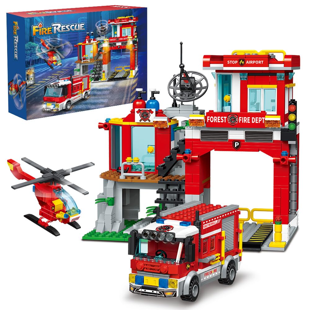 MindBox City Fire Rescue building set: fire station front view with detailed play features.