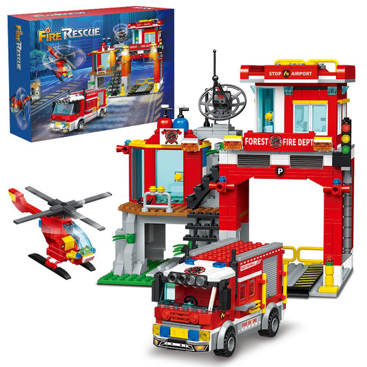 MindBox City Fire Rescue building set: fire station front view with detailed play features.