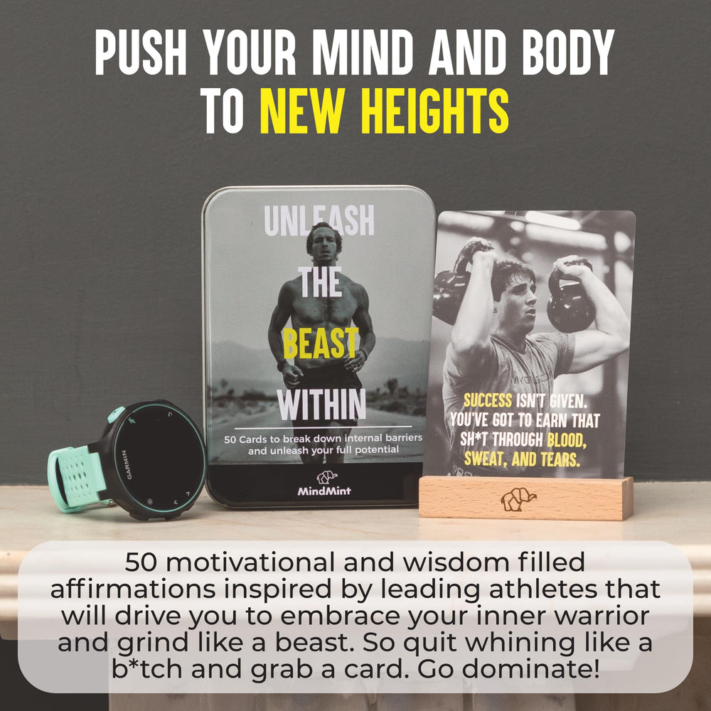 MindMint affirmation cards on a pinewood stand for easy desk motivation.