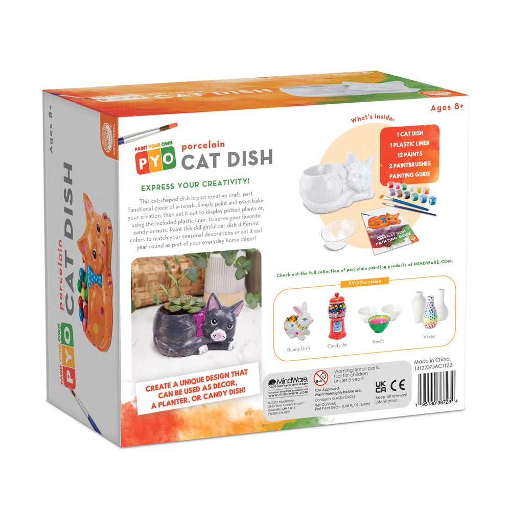 MindWare cat dish with paints and brushes ready for creative coloring.