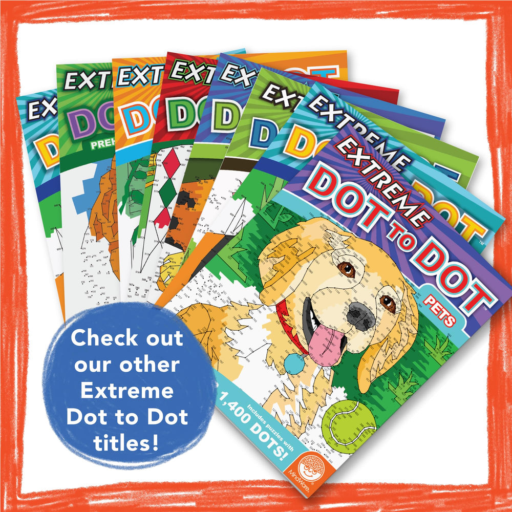 MindWare Extreme Dot to Dot: Extreme Animals art display showcases finished scenes proudly.