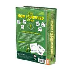 MindWare How I Survived card game box back, highlights components and simple rules.
