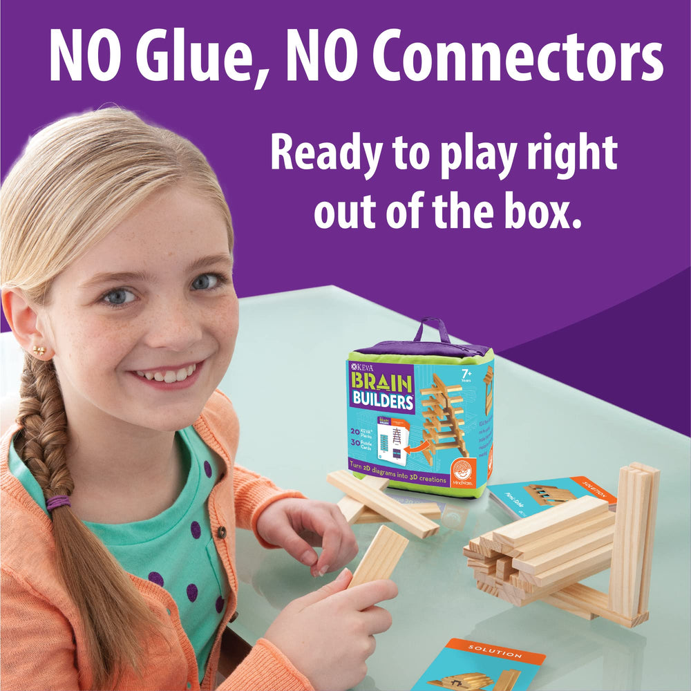 MindWare KEVA BrainBuilders 30 double‑sided cards guide evolving puzzles and discovery.