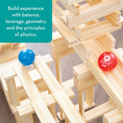 MindWare KEVA Contraptions marble run setup showcases cause-and-effect thinking.