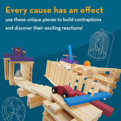 MindWare KEVA dowels and balls enabling dynamic chain reactions in play.