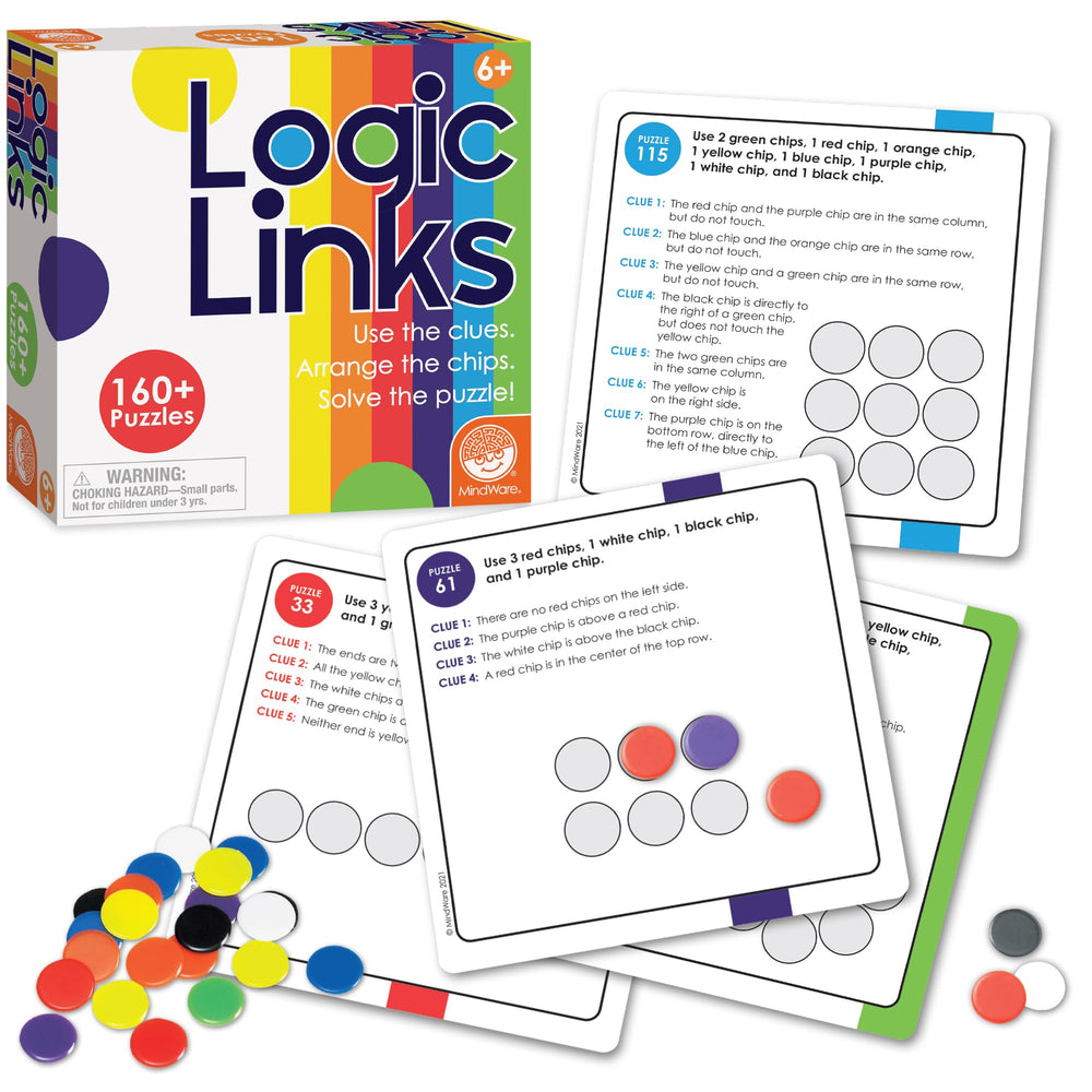 MindWare Logic Links puzzle box front view showing main play area and chips