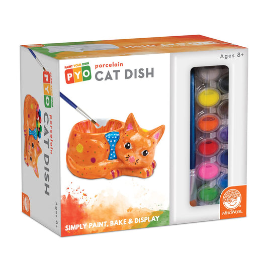 MindWare Paint Your Own Cat Dish ceramic kit ready for painting and display.