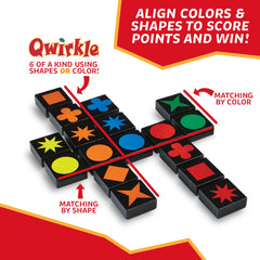 MindWare Qwirkle rule book beside color-symbol tiles.