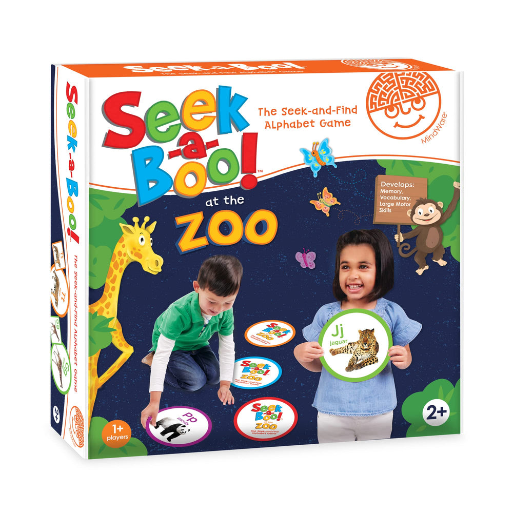 MindWare Seek-a-Boo at The Zoo cards spread on the floor for memory and matching.