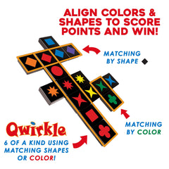 MindWare Travel Qwirkle color shapes tiles illustrate matching play.