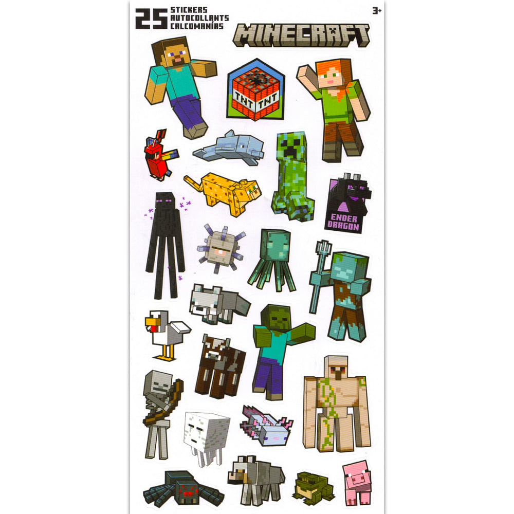 Minecraft sticker sheets featuring Steve, Alex, and mobs, ideal for party favors and goodie bags.