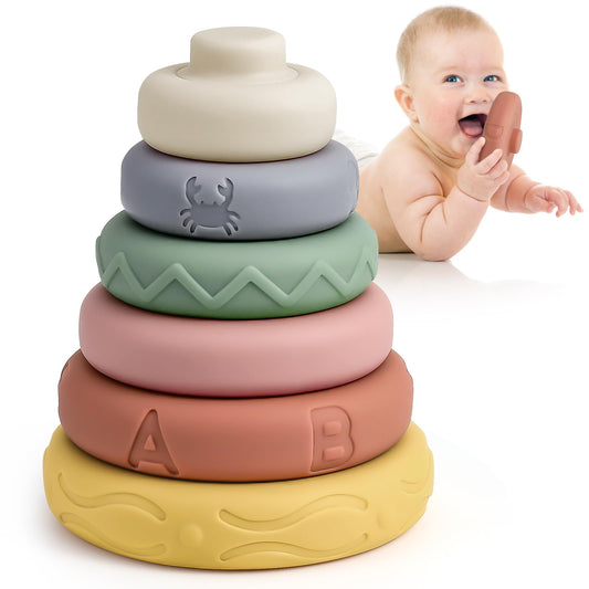 Mini Tudou stacking circles in bright colors improve hand-eye coordination during play.