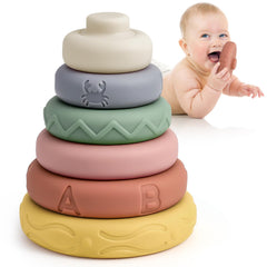 Mini Tudou stacking circles in bright colors improve hand-eye coordination during play.