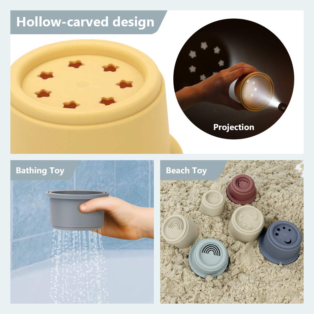 Mini Tudou colorful cups promote fine motor skills during water play and shower time.