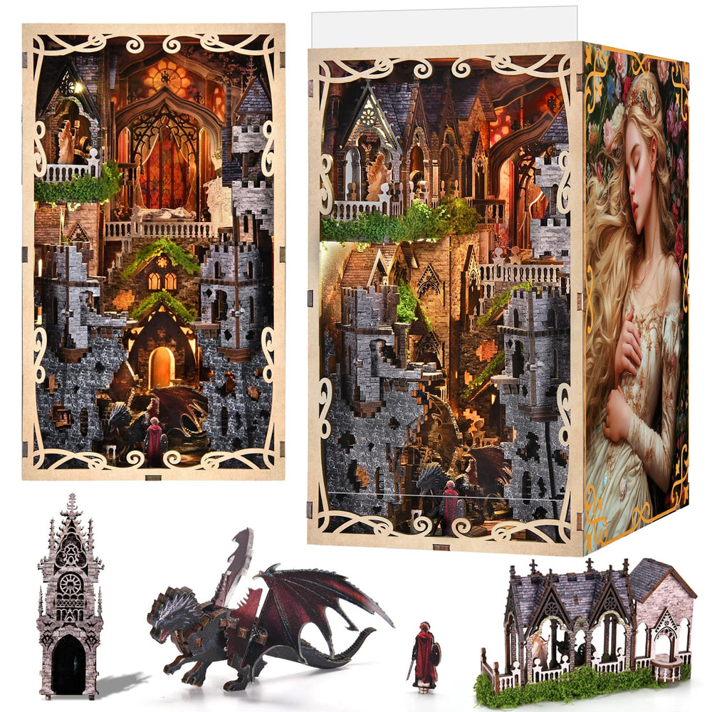 Minicity Book Nook Kit: Sleeping Beauty scene with warm LED ambience on display