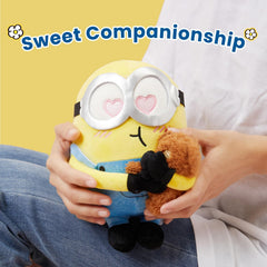 MINISO Bob hugging Tim Minions plush in a playroom scene for storytelling.