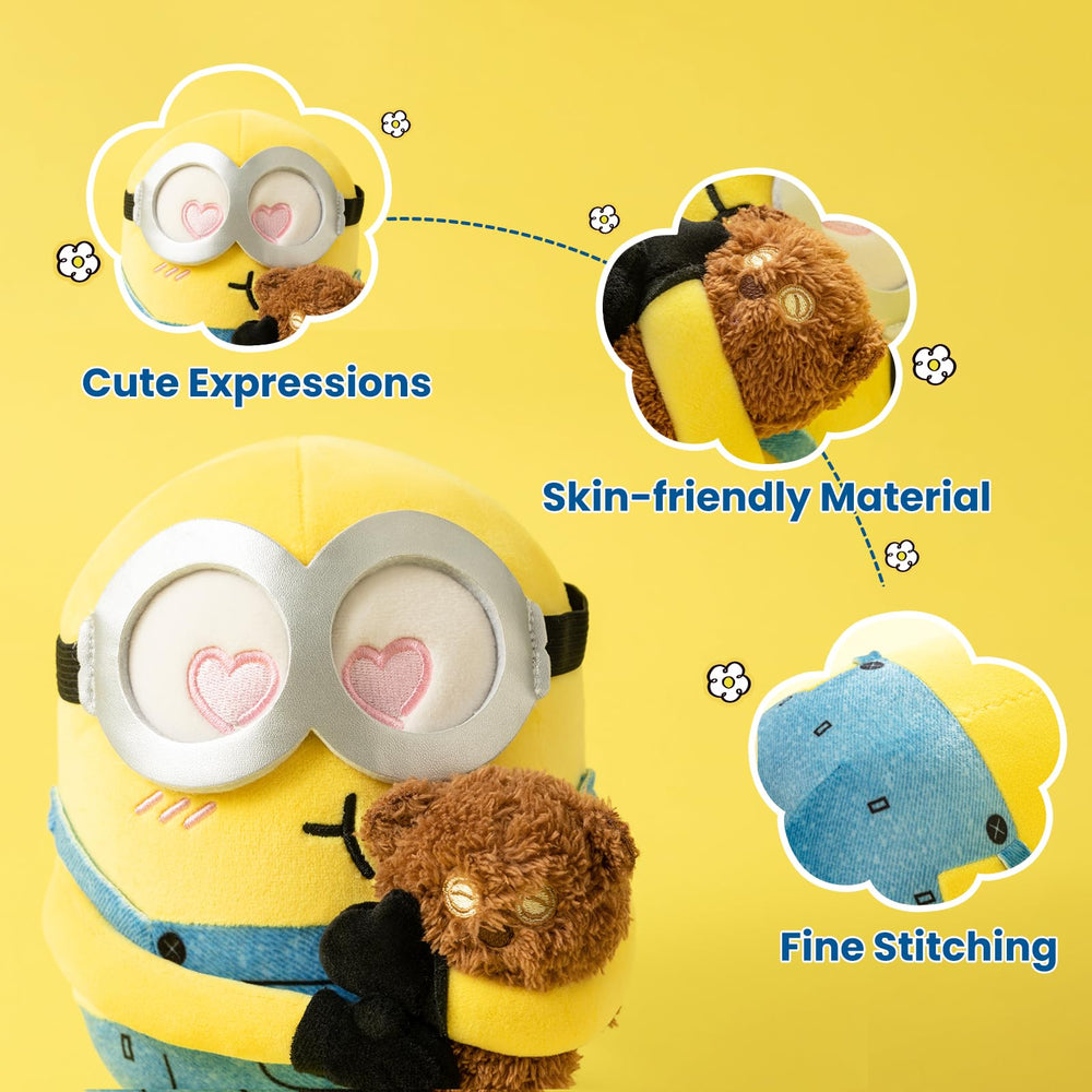MINISO Minions plush on a shelf, adding kawaii decor to a bedroom.