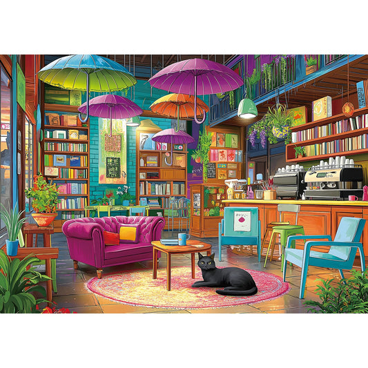 MINIWAN 1000-piece puzzle: cozy book cafe scene for mindful relaxation.