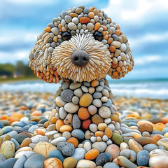 MINIWAN Beach Stone Dog poster featuring pebble sculpture for calming coastal decor.