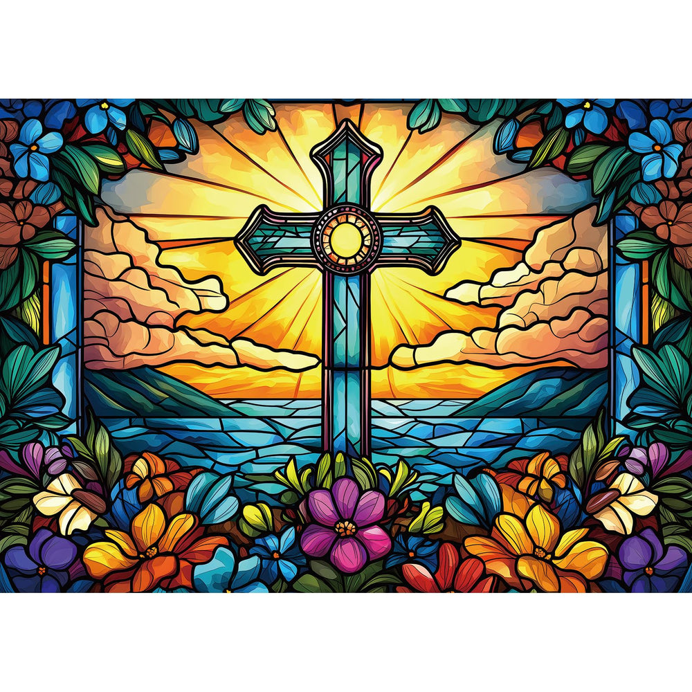 MINIWAN cross-stained-glass 1000-piece puzzle with radiant colors for immersive solving.