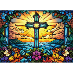 MINIWAN cross-stained-glass 1000-piece puzzle with radiant colors for immersive solving.