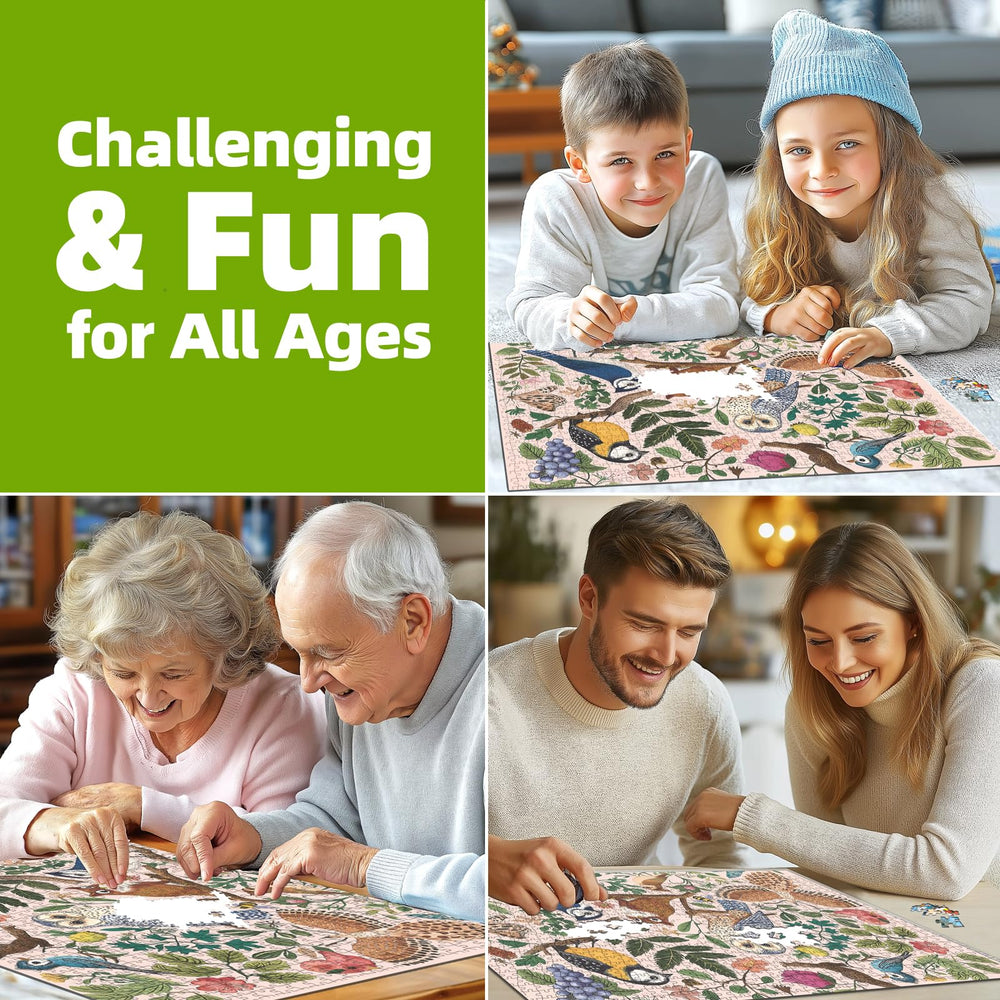 MINIWAN finished puzzle reveals artful birds and flora on a soft pink background for display.