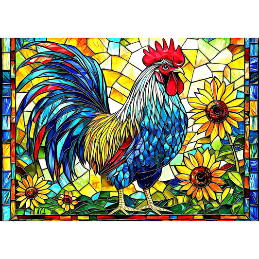 MINIWAN stained glass rooster puzzle cover shows vibrant mosaic for focused relaxation