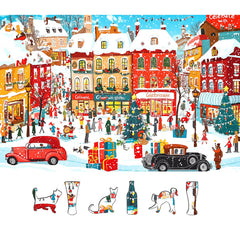 MINIWAN Vintage Christmas Town puzzle – snowy town street with classic cars, ideal for family puzzle night.