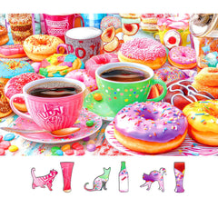 MINIWAN donuts and coffee puzzle scene ideal for cozy evenings and family game nights.