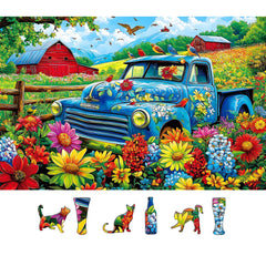 MINIWAN Songbirds on the Farm puzzle shows a sunlit truck among wildflowers, ideal for family time.