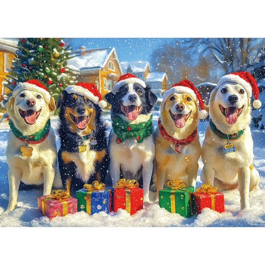 MINIWAN Christmas Dog Gathering puzzle: festive dogs in Santa hats for cozy moments