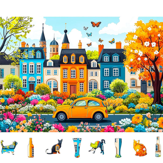 MINIWAN colorful city street puzzle shows vibrant townhouses for adult relaxation and focus