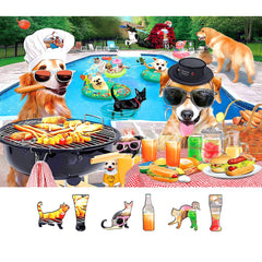 MINIWAN dog-pool-party 500-piece puzzle; sunny dogs offer family relaxation.