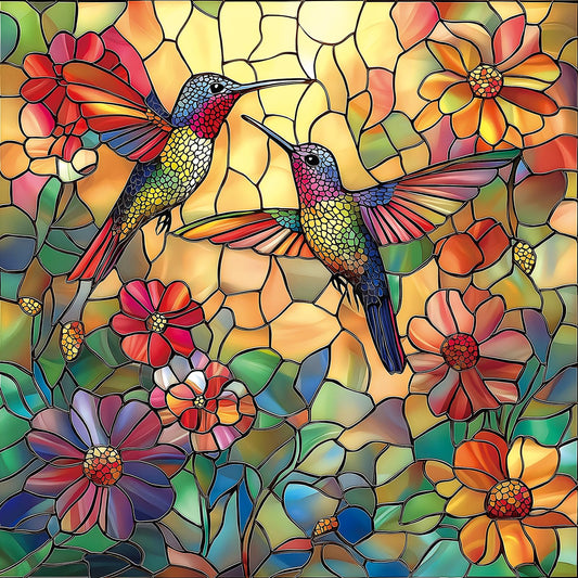 MINIWAN hummingbird flower puzzle shows a vibrant stained-glass scene for calm, focused downtime