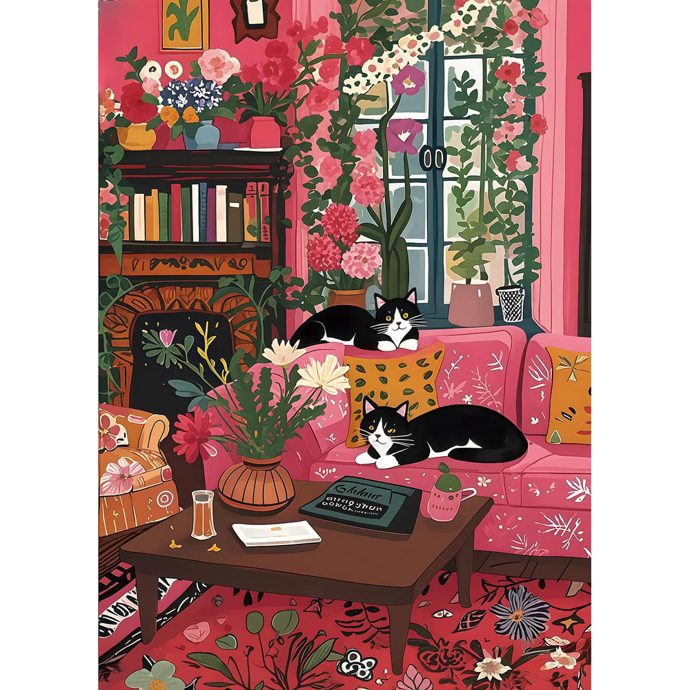 MINIWAN Spring Cozy Room Cat puzzle with black-and-white cats on a pink sofa, ideal for relaxed evenings