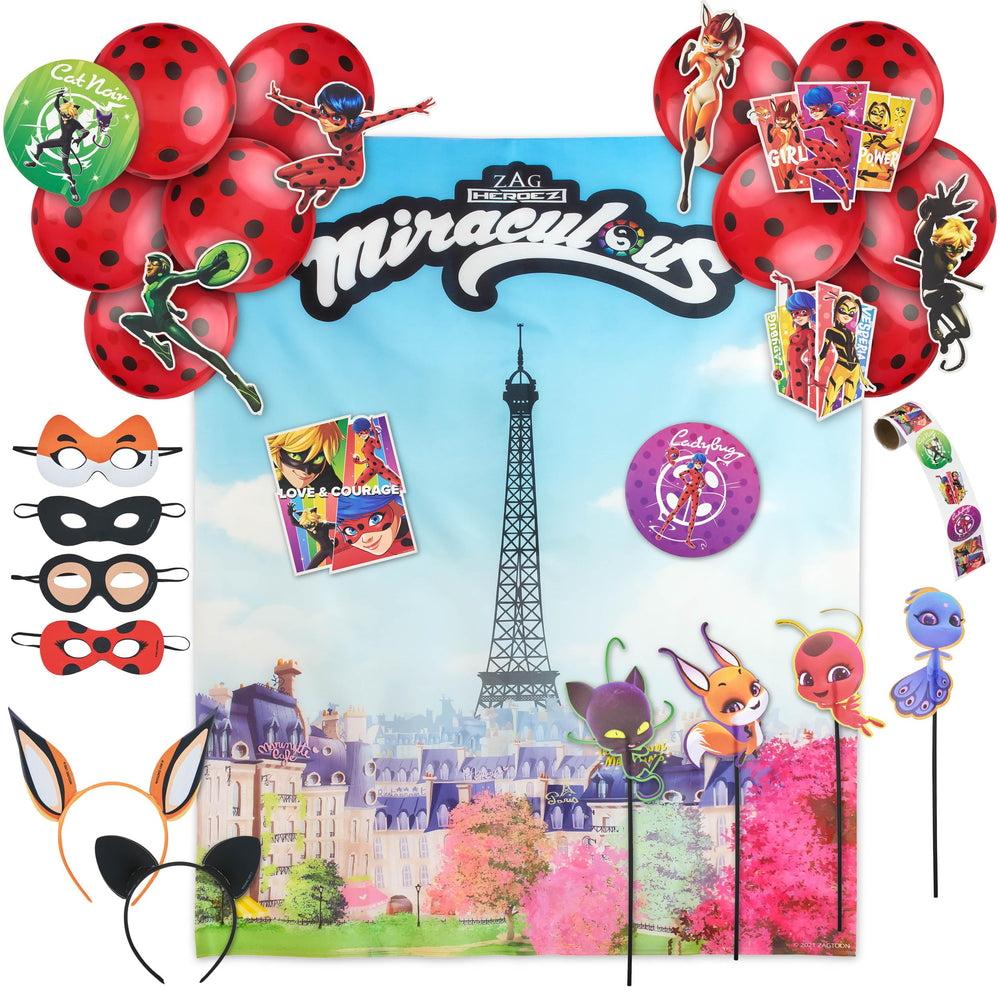 Miraculous Ladybug backdrop banner with Paris scene, ideal for festive photos and party setup
