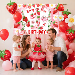 Miruwtog first birthday background with strawberry-daisy design enhances joyful baby shower decor