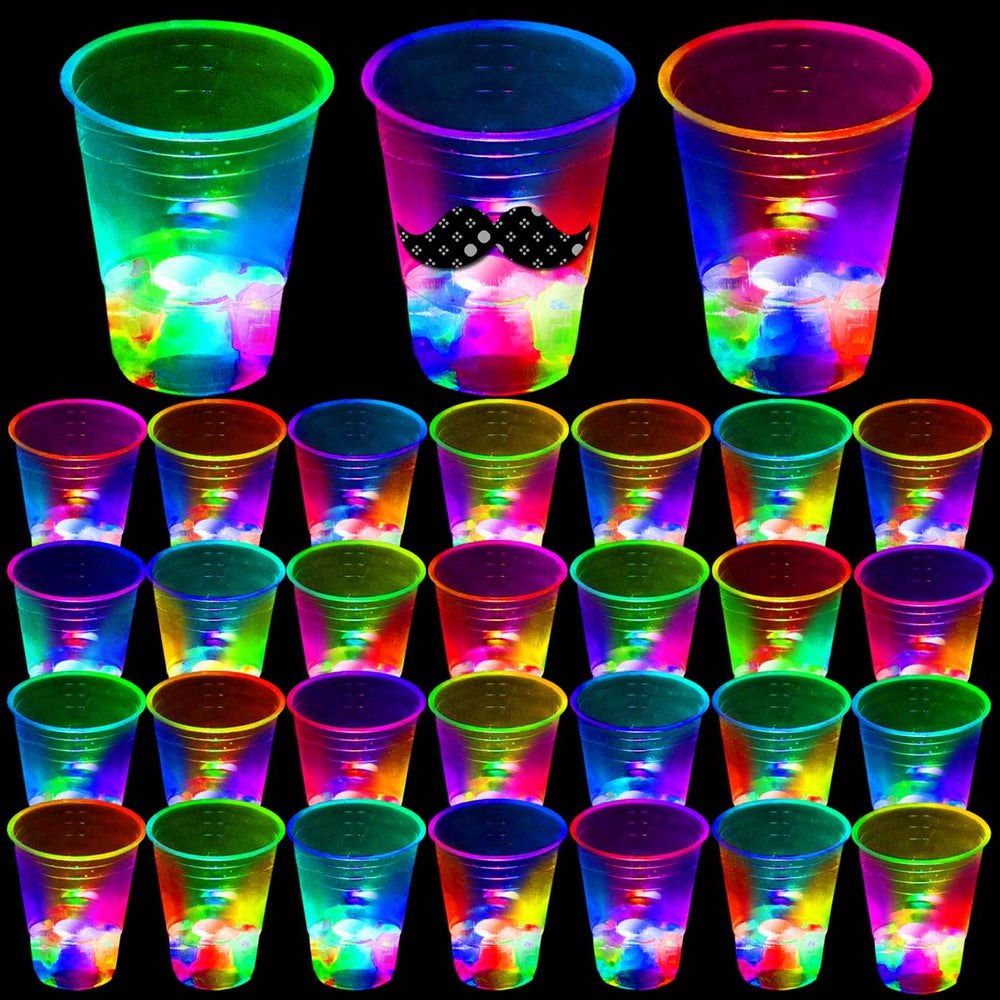 Mishunyus glow cups 40-pack laid out for a party, ready to light up indoor or outdoor celebrations.