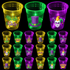 Mishunyus Mardi Gras glow cups 24-pack in purple, green, and yellow on a party table