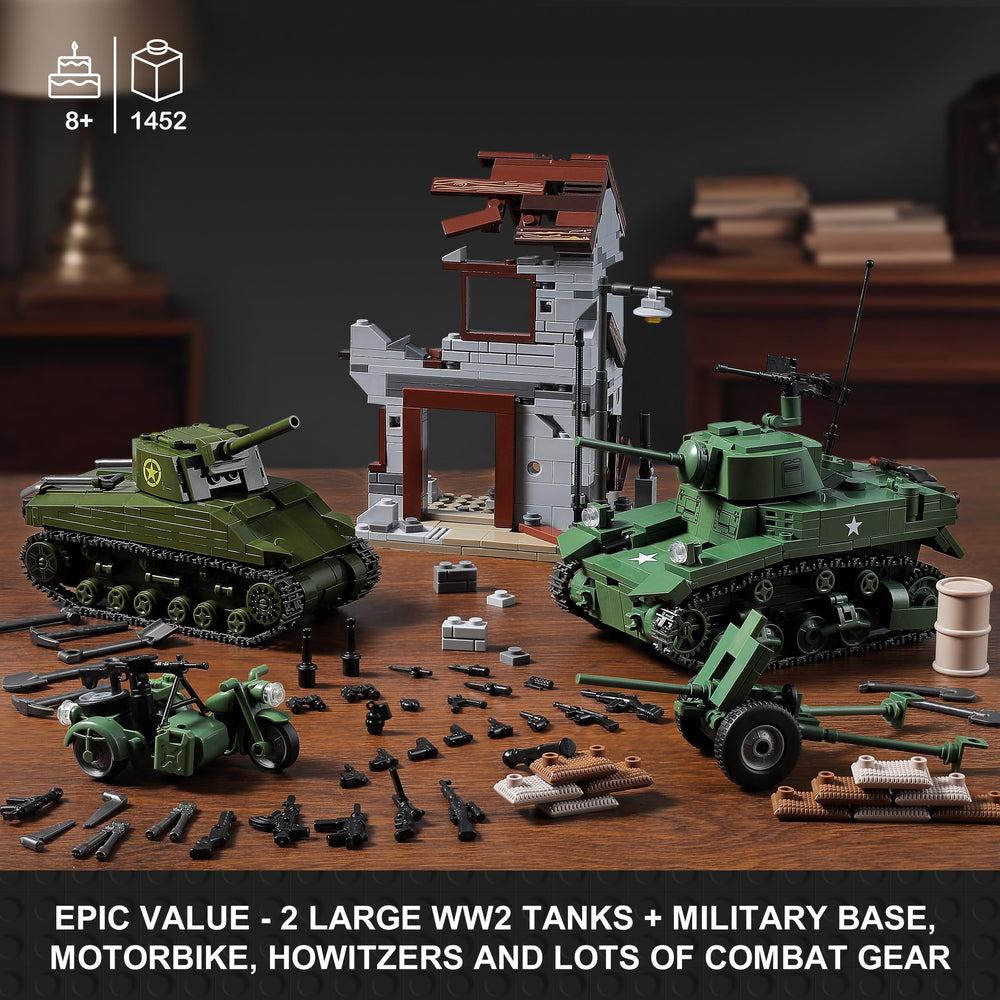 MISTBUY WW2 Army Tank Building Set: Stuart tank in dynamic battle-ready pose.
