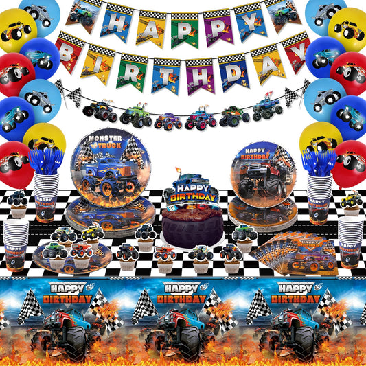 Miucat monster truck party tablecloth provides waterproof protection and quick cleanup.