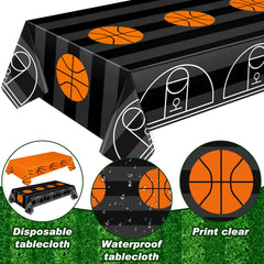 Mixweer basketball theme decor on table for sports party ambiance.