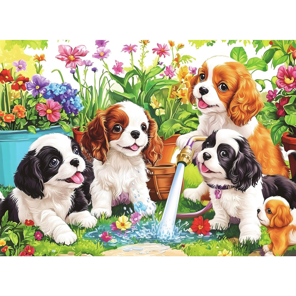 Mjyphdm 300-piece dog puzzle shows dogs in a sunny water garden, ideal for family bonding.