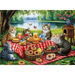 Mjyphdm cat family dinner puzzle with kittens at a picnic.