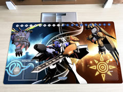 Mlikemat Omnimon duel playmat rolled for portability and compact storage.
