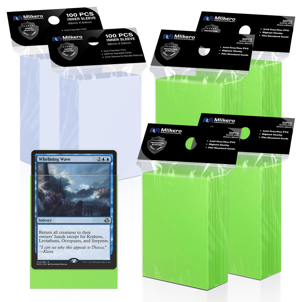 Mlikero matte green sleeve 66x91mm protects MTG cards with clear, durable wrap.