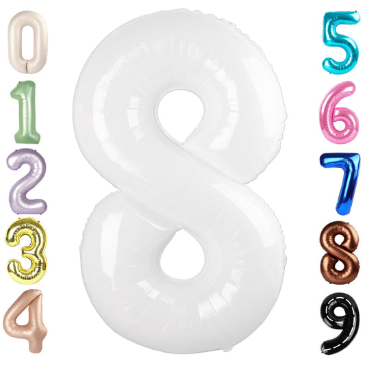 Mluchee 40-inch number 8 balloon in white, ideal for photo booths and backdrops.