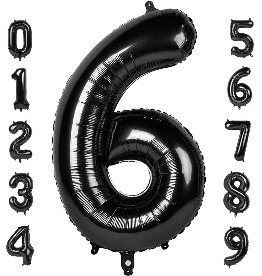 Mluchee 40-inch number balloon for 6th birthday in black, bold centerpiece for photos.