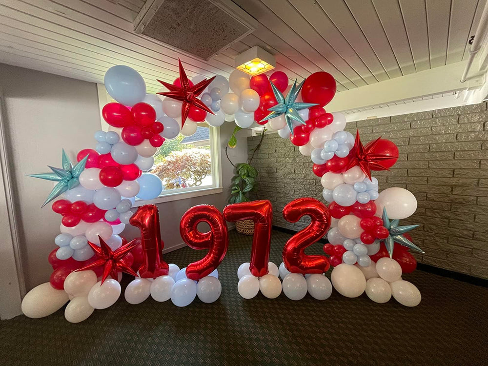 Mluchee 40-inch number balloon 7 as colorful wall decor for celebrations.